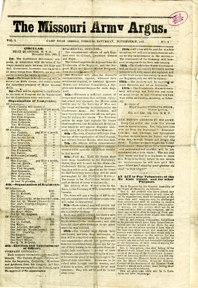 Includes Printed Circulars and Letters, a Proclamation, and a Message to Women of Missouri by Missouri Army Argus